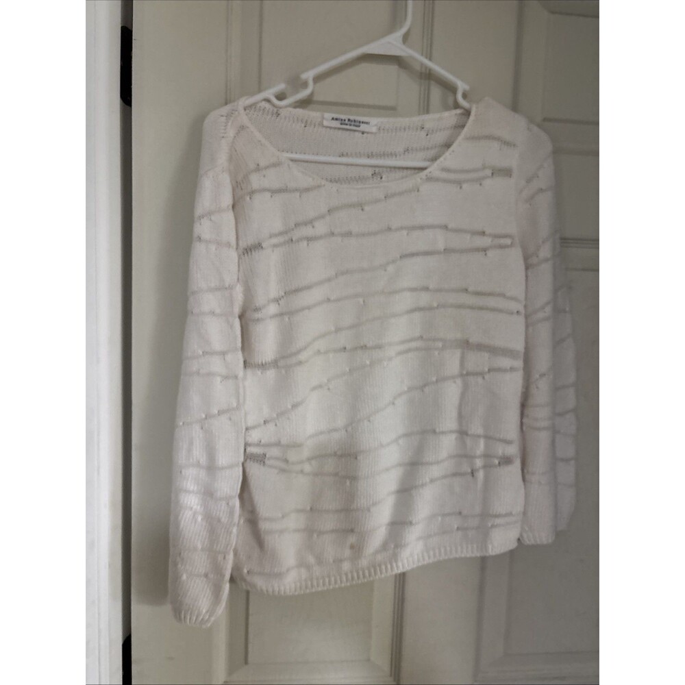 Amina Rubinacci White Pullover Long Sleeve Cotton Sweater Woven Size Italy 40
